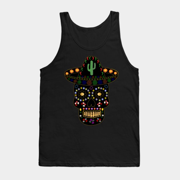 Day of the Dead Mexican Black Skull Tank Top by Krystal Raven